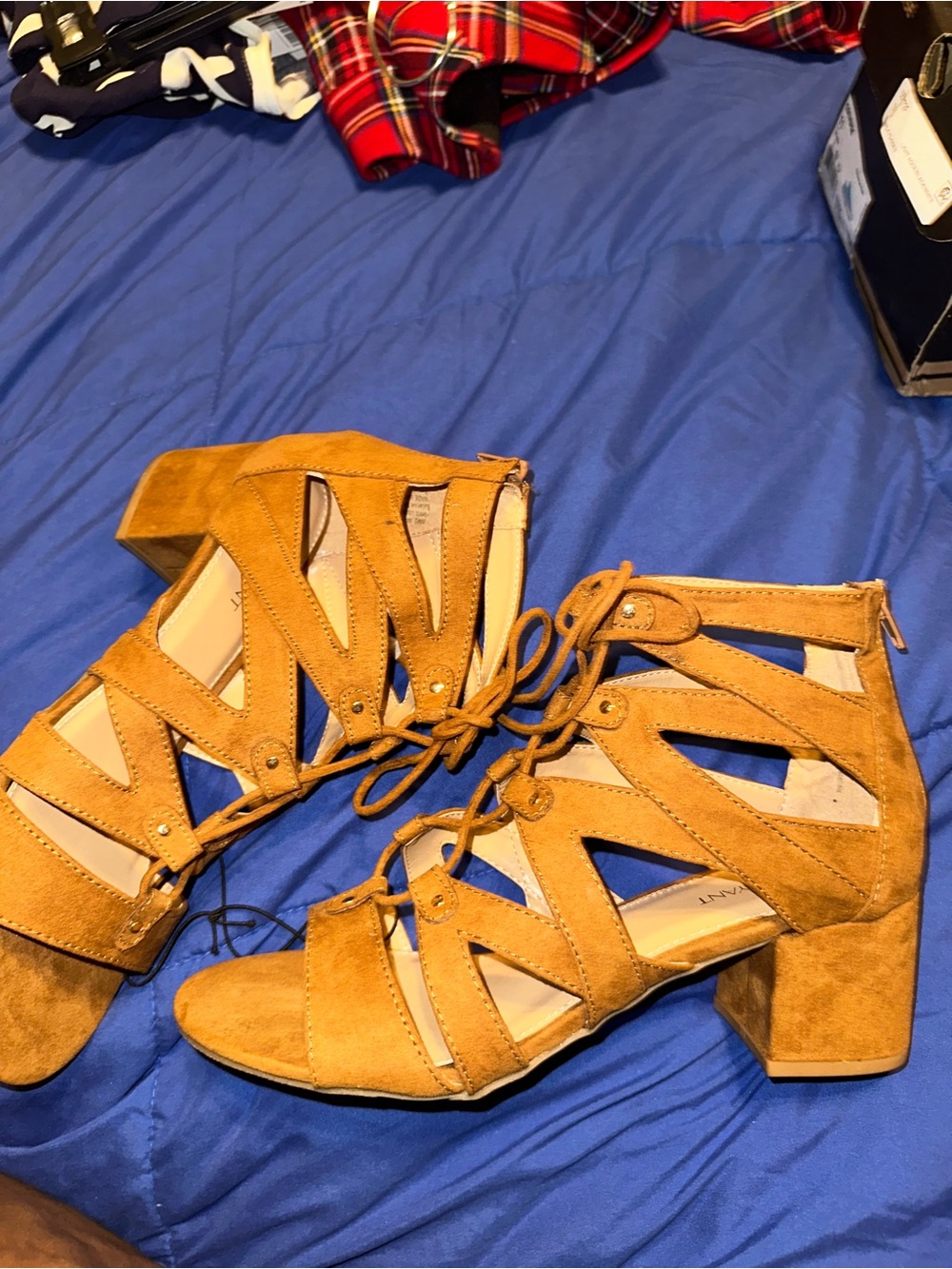 Lane Bryant Tan Suede Lace-Up Block Heel Sandals